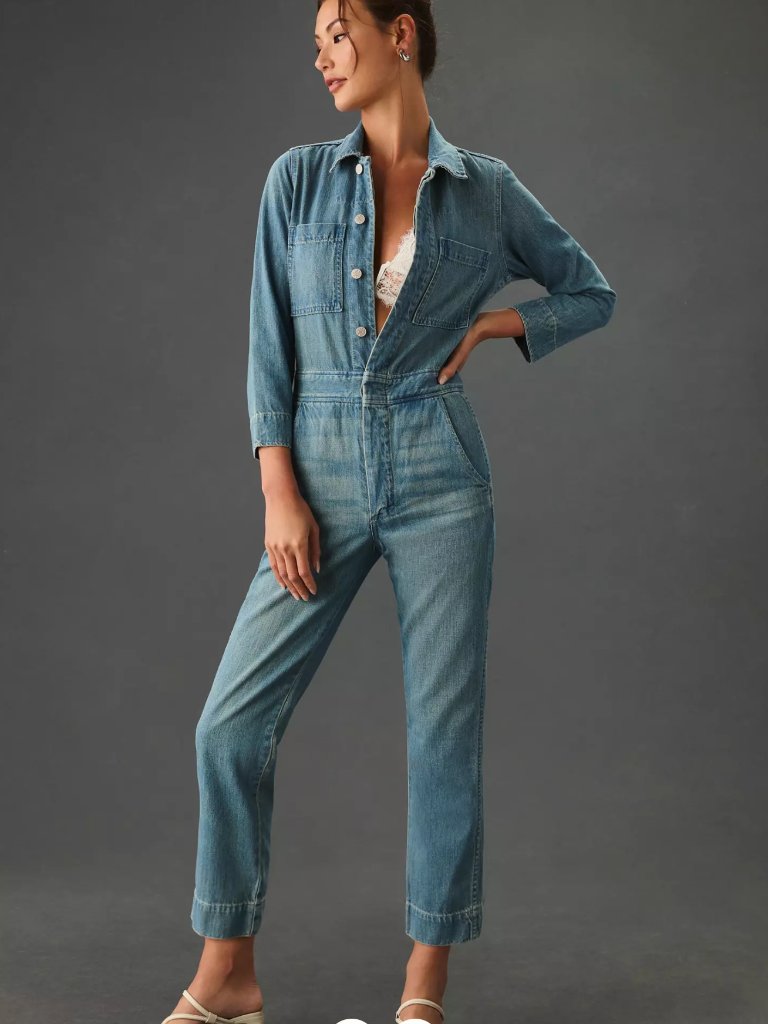 Amo Utility Denim Jumpsuit, M. Blue Wash. Button Missing; Priced Accordingly